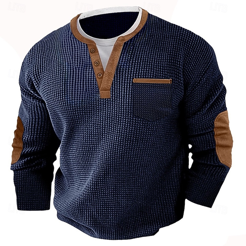 Men's Waffle Tee Waffle Henley Shirt Long Sleeve Henley Fall Spring &  Fall Solid Color Fashion Basic Henley Fake two piece Vacation Home Office Black Gray Navy Blue Top Tee for Men3