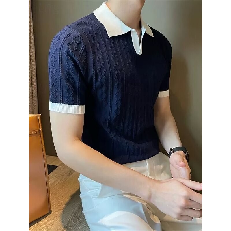 Men's Rib Knit Top Golf Polos Shirts Work Casual V Neck Seagull collar Short Sleeve Basic Modern Color Block Buttons Knitted Spring & Summer All Seasons Regular Fit White Burgundy Navy Blue Rib Knit2