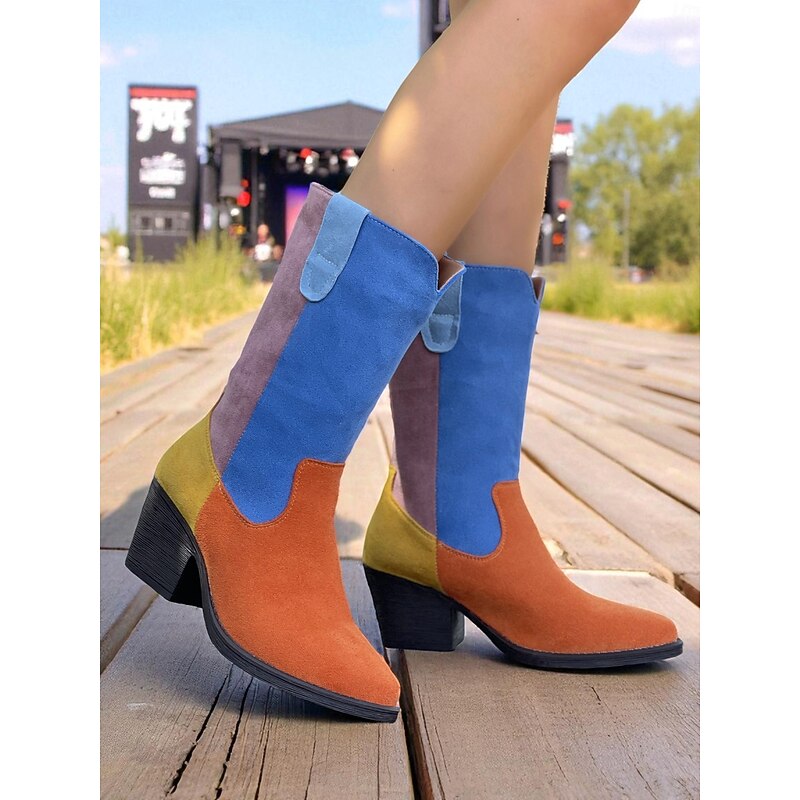 Women's Colorblock Suede Mid-Calf Cowboy Boots, Retro Western Chunky Heel Booties for Music Festivals, Street Style & Boho Outfits4