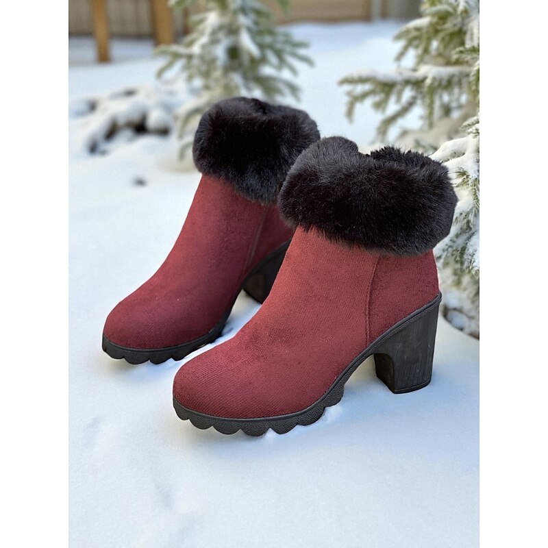 Women's Burgundy Faux Suede Ankle Boots with Faux Fur Lining and Chunky Mid Heels, Warm Fashion Winter Booties for Outdoor Wear & Holiday Outfits3
