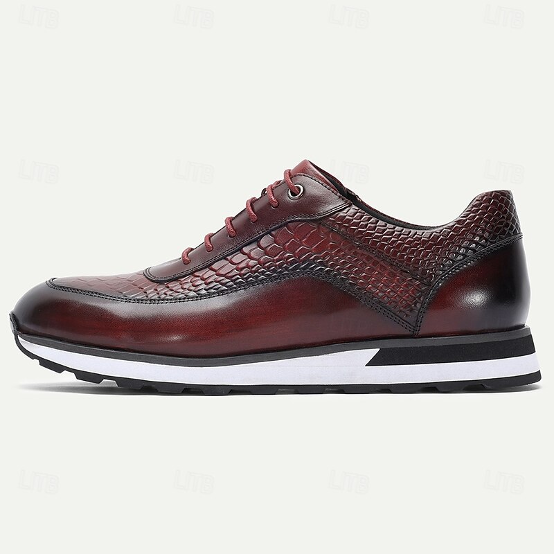 Men's Burgundy Genuine Leather Crocodile Embossed Sneakers with Round Toe and Contrast Stitching, Elegant Luxury Shoes for Parties and Business Events3
