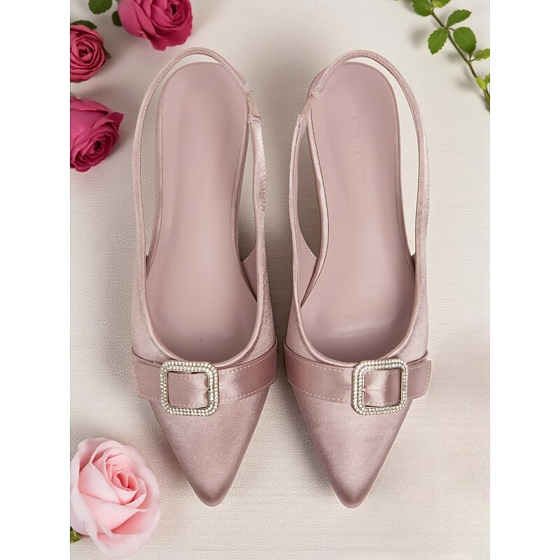 Women's Pink Satin Slingback Flats with Rhinestone Buckle, Elegant Pointed Toe Low Heel Shoes for Cocktail Parties & Evening Events4