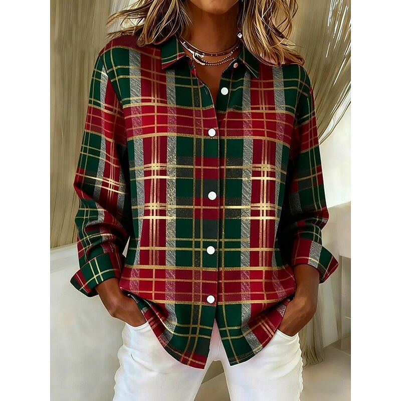 Christmas Women's Shirt Blouse Graphic Geometric Plaid Vintage Classic Casual Long Sleeve Shirt Collar Regular Tops Daily Patchwork Buttons Print Yellow Red Green Summer Spring Fall Winter2