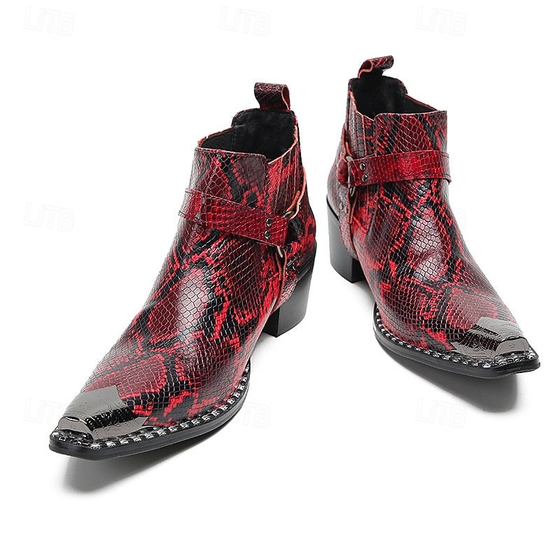 Men's Red Genuine Leather Snake Pattern Western Boots with Pointed Toe and Buckle Strap, 100% Cowhide Cowboy Ankle Boots for Stage, Parties and Fashion Shows4