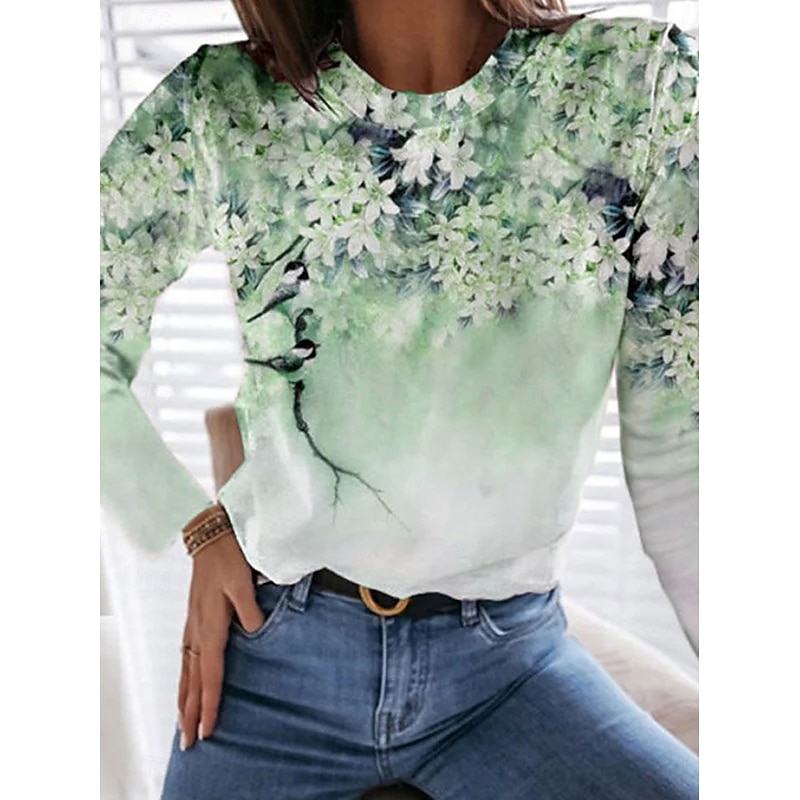 Women's T Shirt Floral Graphic Plants Vintage Fashion Stylish Long Sleeve Crew Neck Round Neck Regular Tops Daily Weekend Print Pink Blue Purple Green Summer Spring Fall4