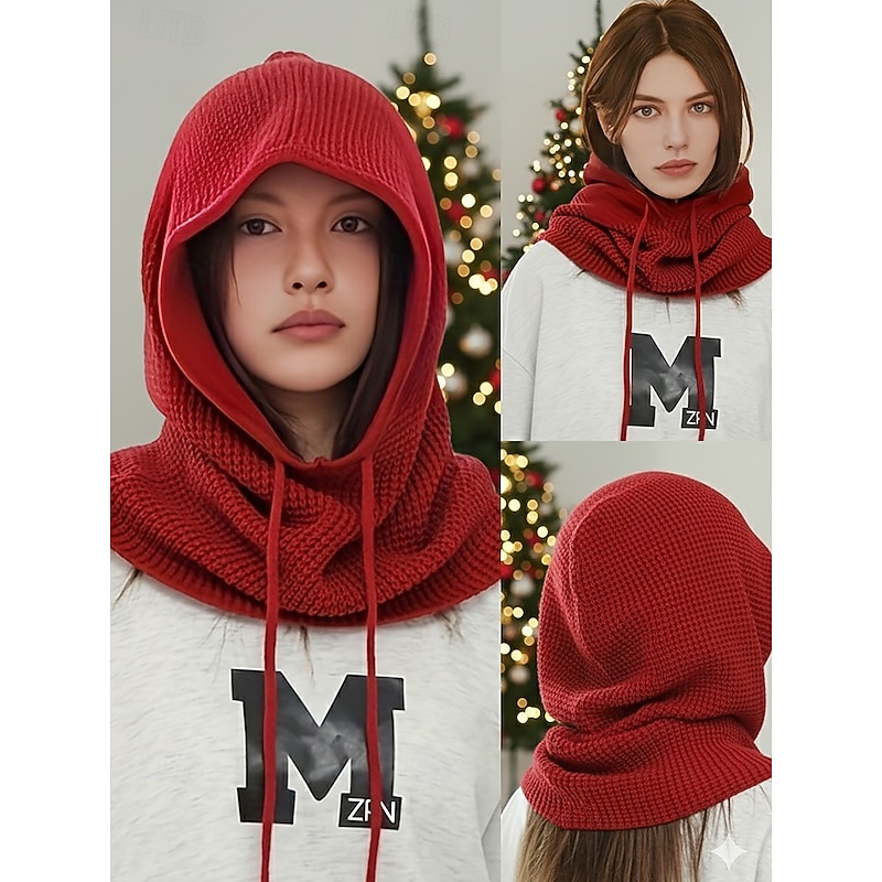 Women's Festive Knit Balaclava Hood Scarf – Drawstring Neck Warmer in Multiple Colors for Christmas & Ski Season