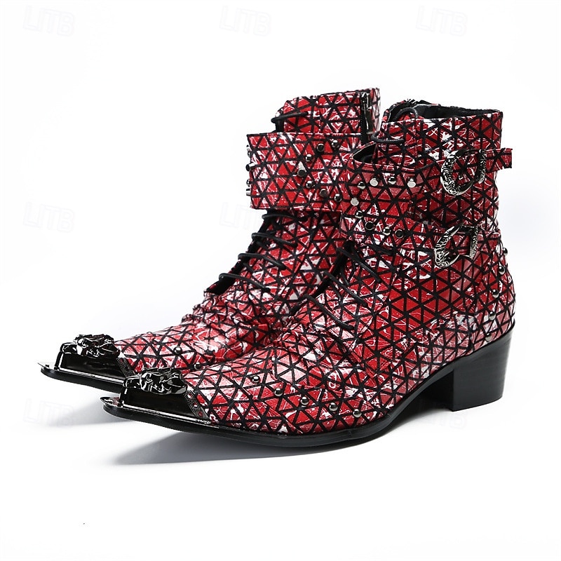 Men's Red Genuine Leather Punk Ankle Boots with Geometric Pattern and Double Buckle Straps, 100% Cowhide Western Style Boots for Stage and Nightclub Fashion2