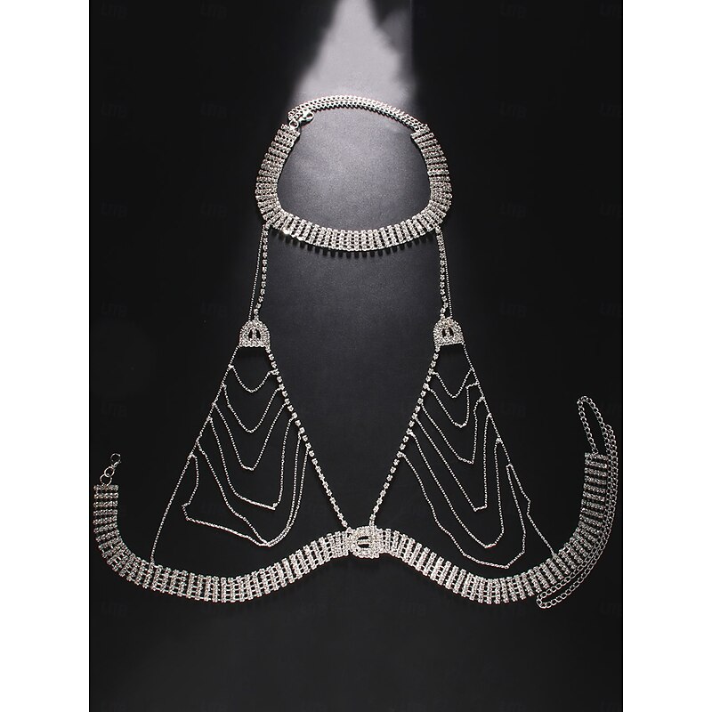 Women's Silver Rhinestone Body Chain Harness, Sparkling Crystal Choker Jewelry Top for Evening Gala, Prom & Party Outfits3