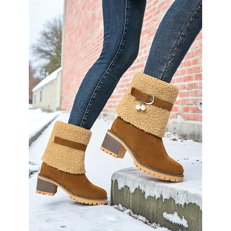 Women's Brown Faux Suede Fur Cuff Boots – Warm Block Heel Winter Shoes for Outdoor, Work and Casual Wear3