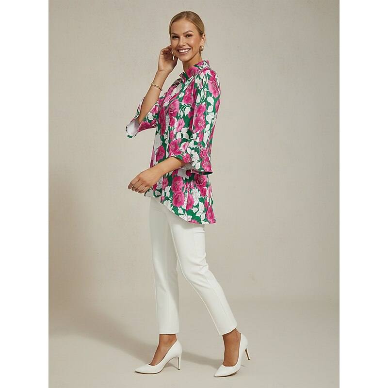 Women's Blouse Floral Pink Print Off Shoulder Patchwork 3/4 Sleeve Casual Elegant Spring Summer3
