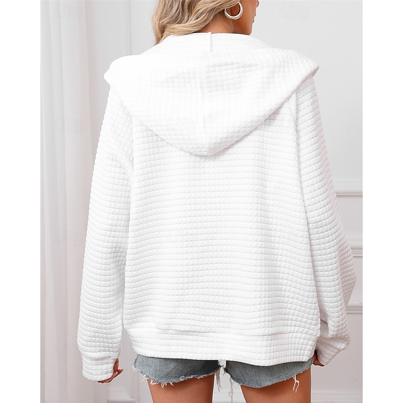 Women's Textured Jackets Zip Up Hoodies Hoodies Plain Streetwear Modern Casual Long Sleeve Hooded Regular Tops Street Dailywear Drawstring Front Pocket White Pink Khaki Army Green Gray Summer Fall2