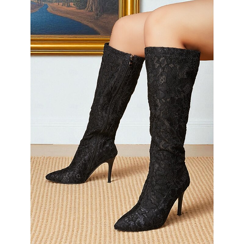 Women's Black Lace Knee-High Stiletto Boots - Elegant Gothic Style High Heel Dress Boots for Ladies, Perfect for Evening Parties, Fashion & Formal Occasions2