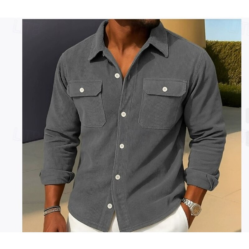 Men's Corduroy Shirt Cargo Shirt Black Brown Green Gray Long Sleeve Turndown School Training Ruched Clothing Apparel Vintage Casual