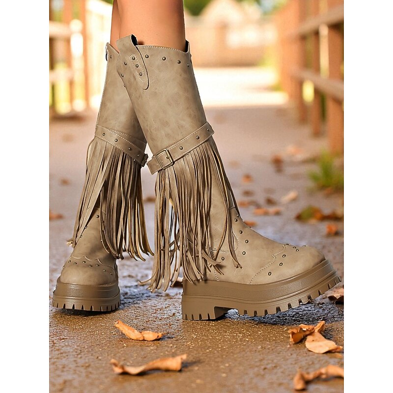 Women's Fringe Bohemia Rinding Boots with Studded Detailing, Retro Western Style Chunky Sole Knee High Boots for Festivals, Streetwear and Outdoor Fashion3