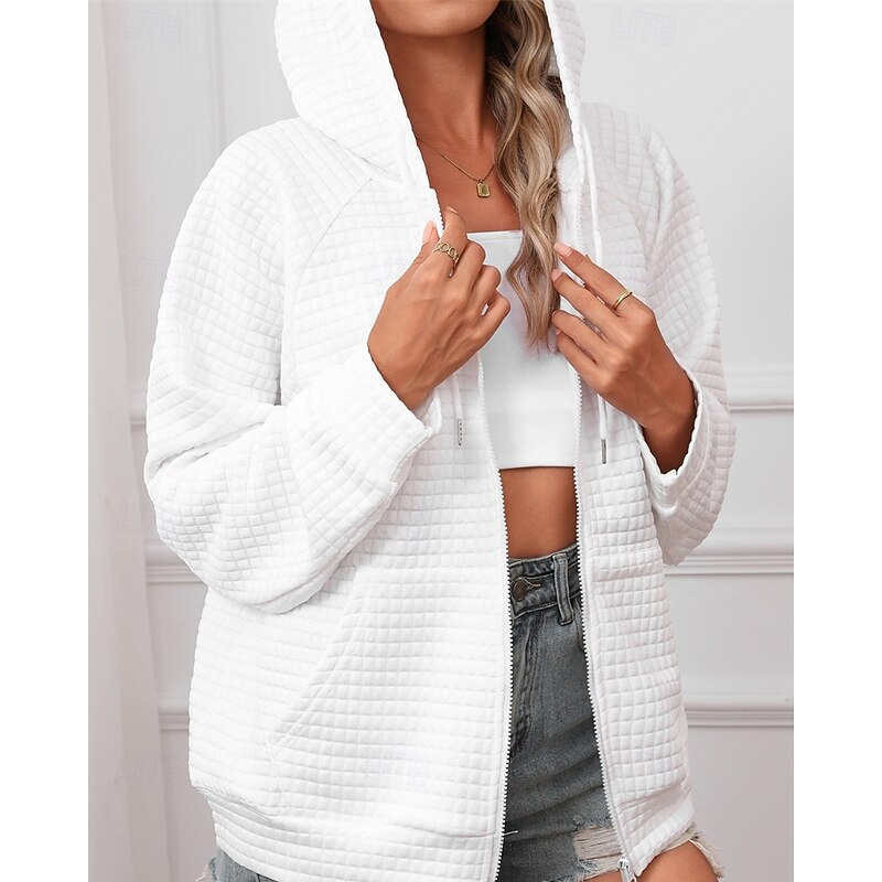 Women's Textured Jackets Zip Up Hoodies Hoodies Plain Streetwear Modern Casual Long Sleeve Hooded Regular Tops Street Dailywear Drawstring Front Pocket White Pink Khaki Army Green Gray Summer Fall4