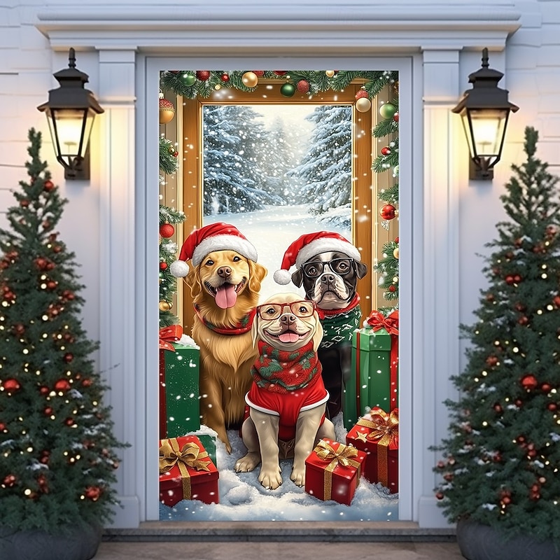 Christmas Door Cover Winter Holiday Decoration Drapes with Puppy Wearing Christmas Hat Opening Door in Snowy Scene Print for Home Entryway Living Room Bedroom Indoor Outdoor Festive Decor