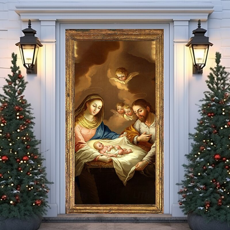 Christmas Door Cover Winter Holiday Decoration Drapes with Nativity Scene of Jesus Birth Print for Home Entryway Living Room Bedroom Indoor Outdoor Festive Seasonal Religious Home Decor3