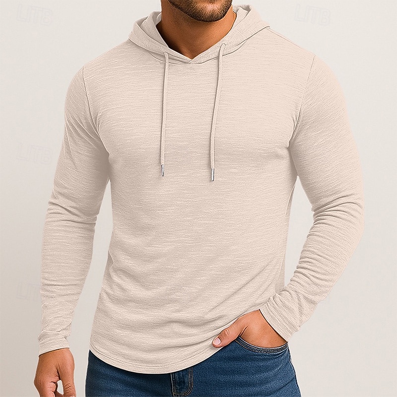 Men's T Shirt Long Sleeve Hooded Spring Fall All Seasons Solid Color Traditional / Vintage Hoodie Hooded Plain Outdoor Casual Activewear Light Blue White Dark Brown Top Tee for Men4