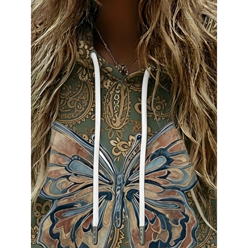 Women's Pullover Hoodies Paisley Butterfly Vintage Casual Long Sleeve Hooded Regular Tops Dailywear Casual Sports Drawstring Pocket Print Green Spring Fall3