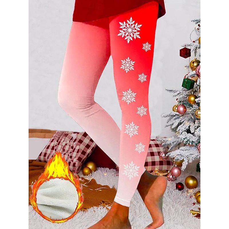 Christmas Women's Leggings Cozy Leggings Vacation Vintage Fashion Full Length High Waist Pants Graphic Snowflake Printing Fleece Thermal Warm Comfy Stretchy Outdoor Vacation Street Black Pink Red4