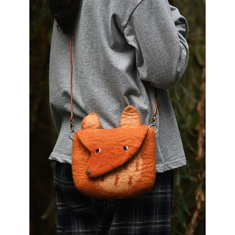 Women's Felt Crossbody Bag, Cute Fox Shape Shoulder Purse, Vintage Handmade Animal Design Handbag for Ladies Casual Daily Travel4