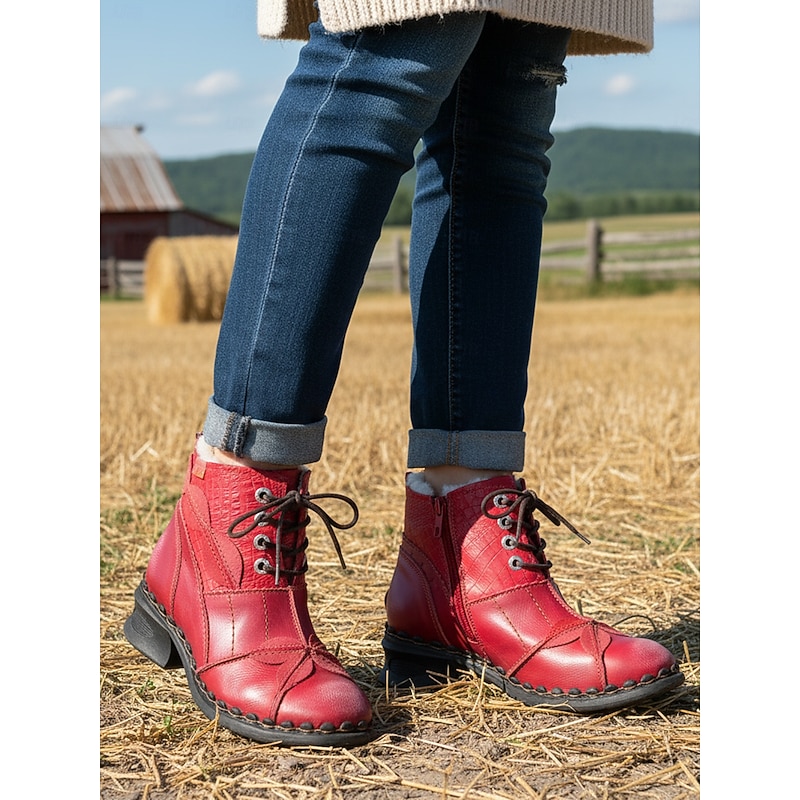 Women's Red Genuine Leather Lace-Up Ankle Boots with Unique Folded Toe Design, Warm Fleece Lining, Retro Casual Boots for Winter Outfits & Outdoor Wear4