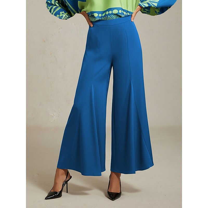 Women's Wide Leg Pants Blue Satin Elastic Waist Pleated Loose Elegant Fit Spring Summer Autumn3