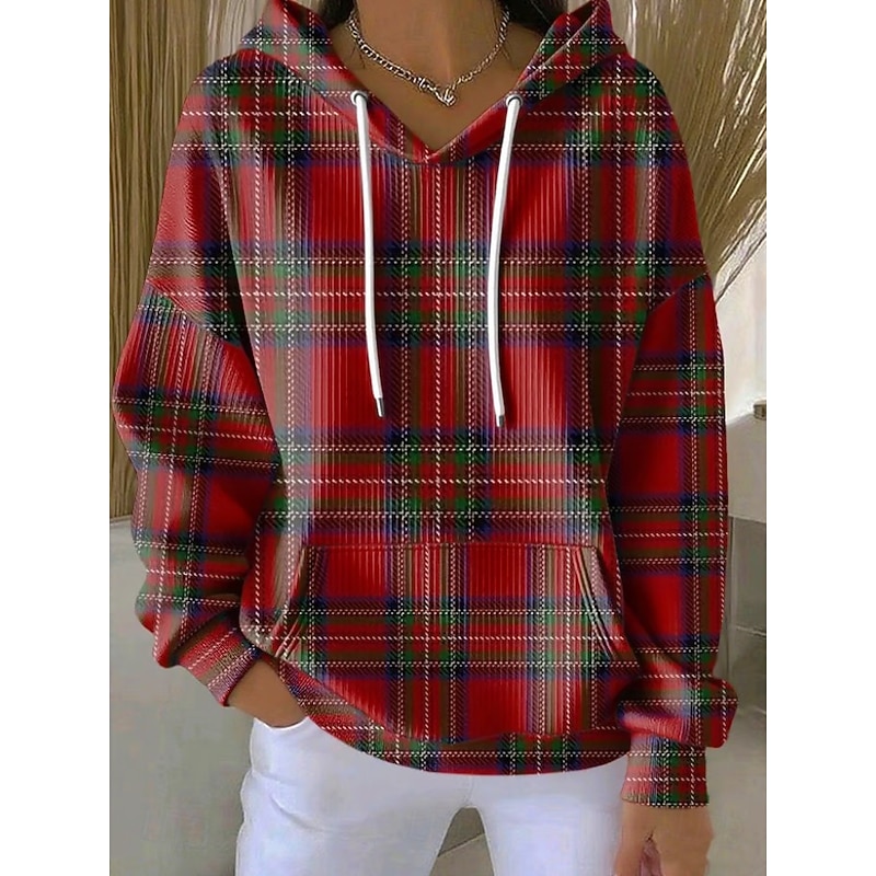 Women's Pullover Hoodie Sweatshirt Graphic Geometric Plaid Warm Vintage Casual Long Sleeve Hooded Regular Tops Street Dailywear Casual Print Front Pocket Maroon Wine Orange Brown Green Spring Fall2