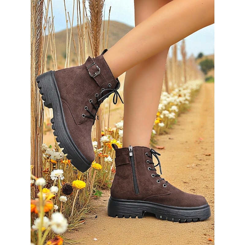 Women's Brown Lace-Up Combat Boots with Faux Fur Lined and Buckle Strap, Chunky Non-Slip Sole, Casual Faux Suede Ankle Boots for City Nomadic Style Outfits and Winter Casual Wear3