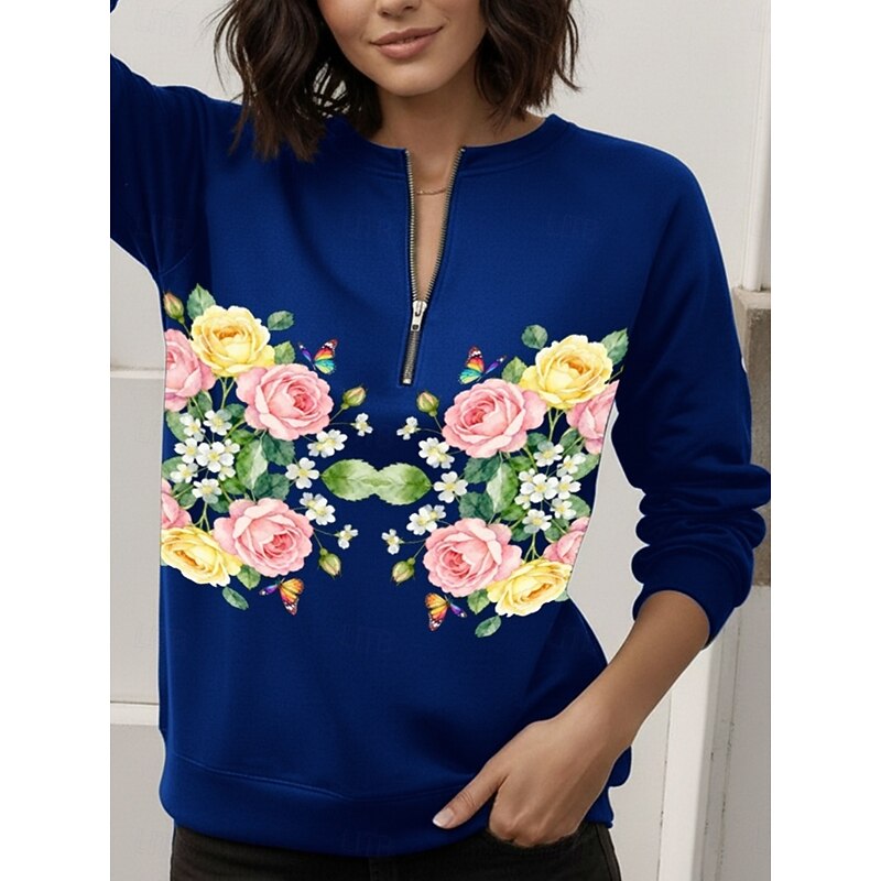 Women's Pullover Sweatshirt Zip Up Sweatshirts Floral Fashion Casual Long Sleeve Crew Neck Regular Tops Street Dailywear Casual Zipper Print Navy Blue Blue Army Green Spring Fall Winter