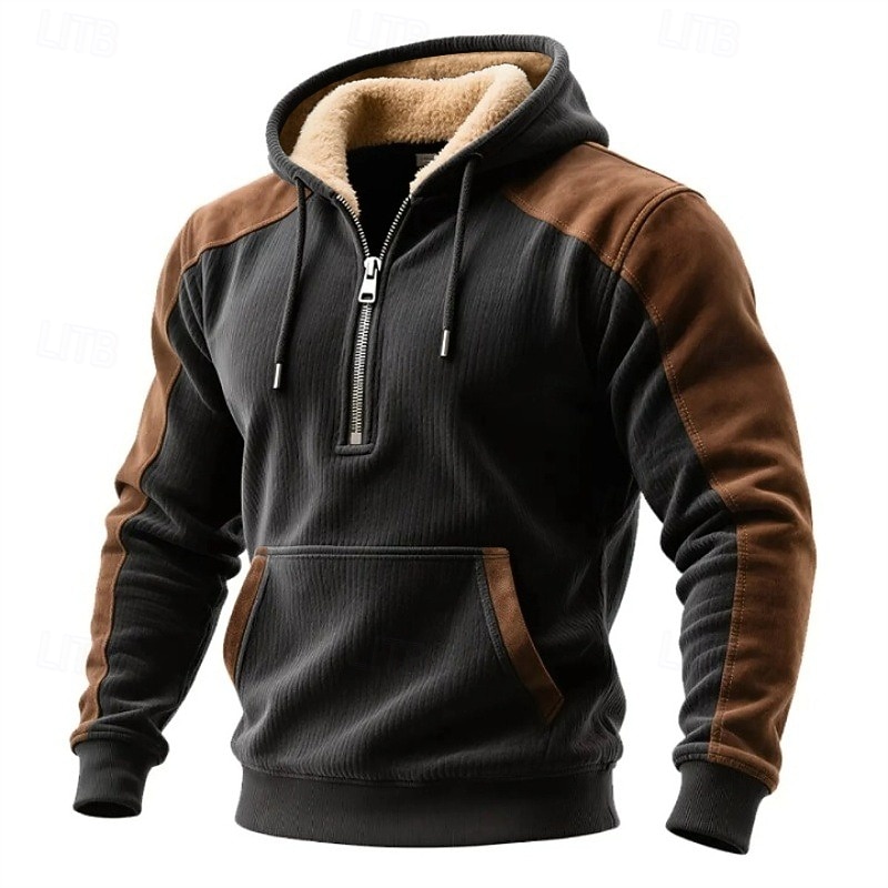 Men's Hoodie Quarter Zip Hoodie Fleece Hoodie Fleece lined Hoodie Ribbed Knit Dark Gray Hooded Plain Patchwork Color Block Sports & Outdoor Casual Daily Streetwear Cool Sportswear Winter Clothing