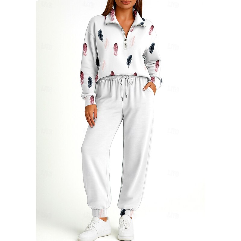 Women's Sweatshirt Tracksuit 2 Piece Tracksuit Drawstring Zip Up Floral Clothing Suit Fall White Vocation Outdoor Travel Lightweight Fashion Long Sleeve Sport Activewear Stretchy Regular Fit3