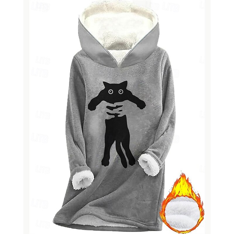 Women's Pullover Hoodie Sweatshirt Graphic Cat Warm Casual Sherpa Fleece Long Sleeve Hooded Regular Tops Street Dailywear Casual Print Fleece Lined Dark Pink Blue Gray Fall Winter