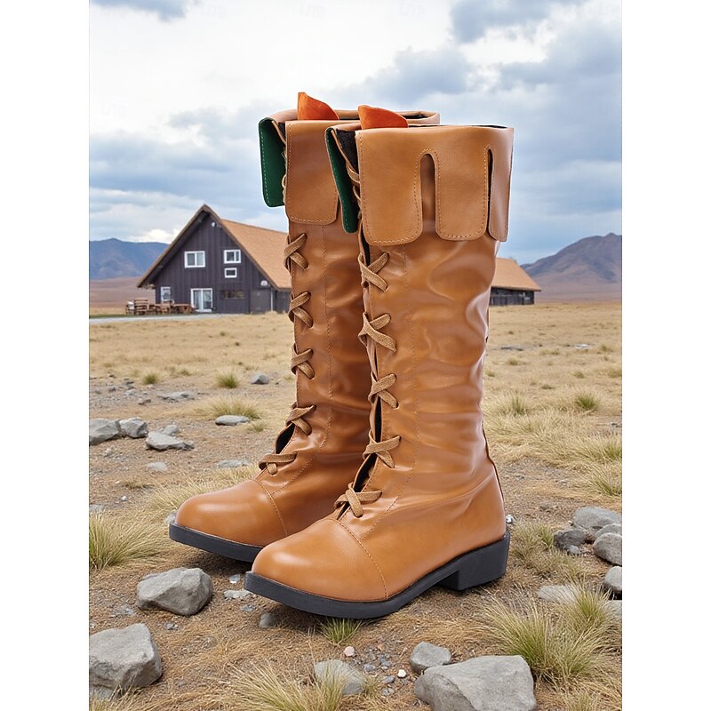 Women's Brown Faux Leather Medieval Viking Knee-High Lace-Up Boots, Retro Renaissance Costume Shoes for LARP, Cosplay, Festivals & Stage Performances