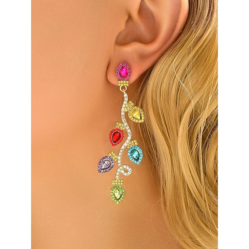 Women's Christmas Alloy Drop Earrings, Colorful Rhinestone Dangle Earrings with Multicolor Gem Design, Elegant Holiday Party Jewelry Gift for Women2
