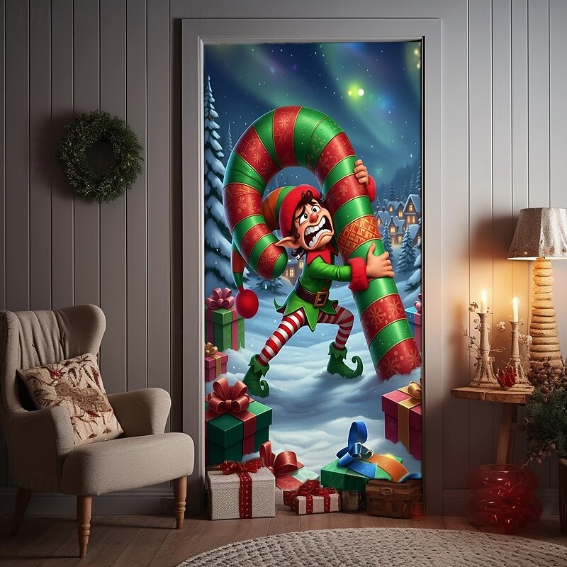 Christmas Door Cover Winter Holiday Decoration Drapes with Christmas Elf Reindeer Cozy Holiday Cabin and Christmas Tree Print for Home Entryway Living Room Bedroom Indoor Outdoor2