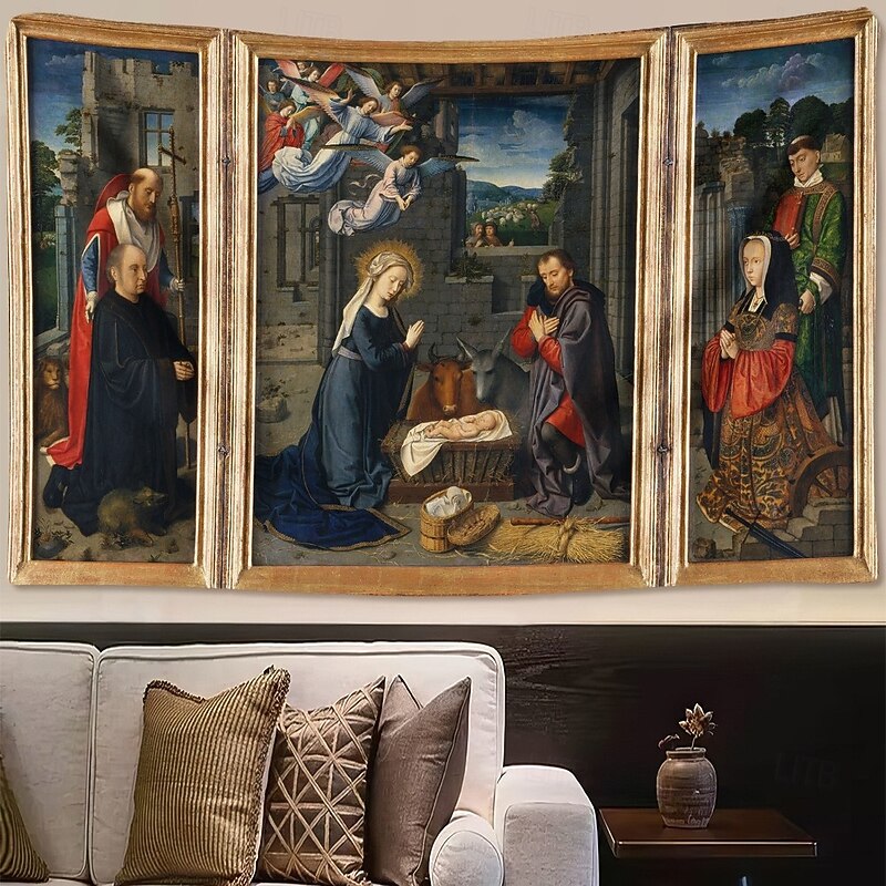 Christmas Hanging Tapestry Nativity Triptych European Classical Art Style Jesus Birth Large Wall Art Mural Decor Blanket Curtain Holiday Home Bedroom Living Room Religious Celebration Decoration4