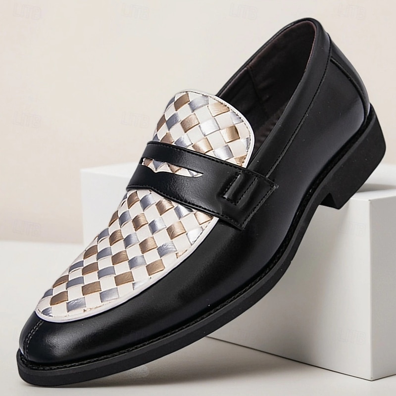 Men's Black and White Woven Faux Leather Loafers with Metal Accent, Elegant Slip-On Dress Shoes for Business, Parties and Formal Events
