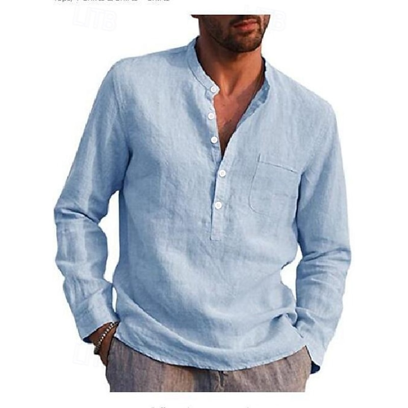 Men's Shirt Linen Shirt Band Collar Shirt Summer Shirt Beach Wear Solid Color Street Hawaiian Light Blue Black White Red Wine Long Sleeve Collar Clothing Apparel3