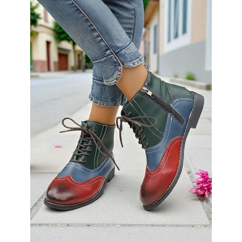 Women's Color Block Oxford Ankle Boots with Lace-Up Design and Side Zipper, 1950s Vintage Brogue Style Casual Fashion Boots for Daily Wear & Street Outfit