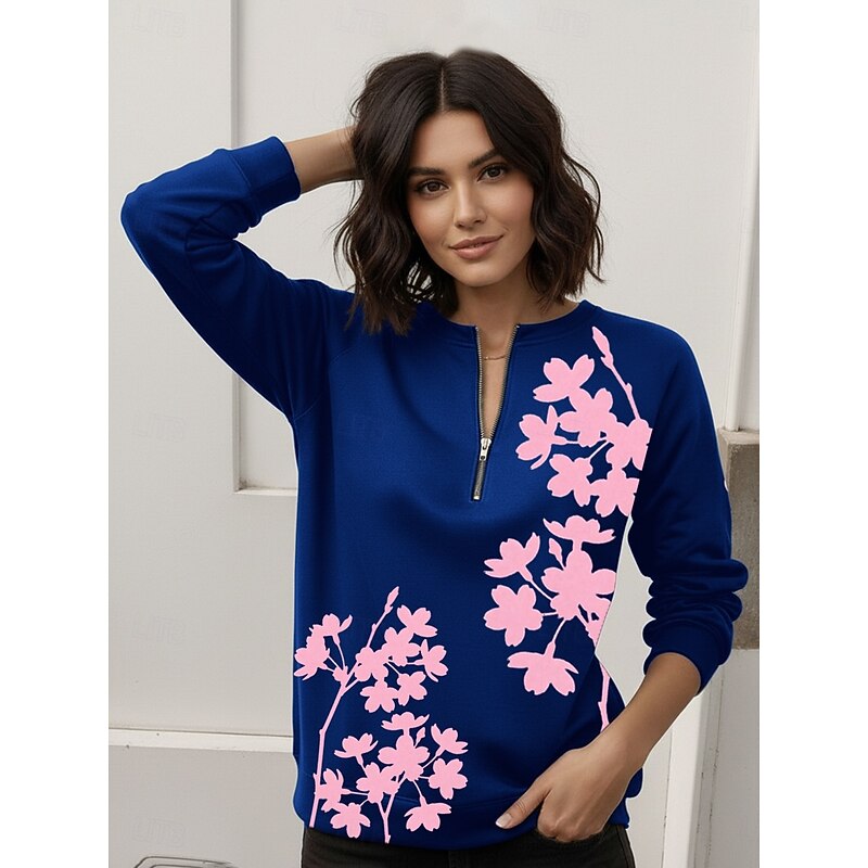 Women's Pullover Sweatshirt Zip Up Sweatshirts Floral Fashion Casual Long Sleeve Crew Neck Regular Tops Street Dailywear Casual Zipper Print Pink Navy Blue Green Spring Fall Winter4