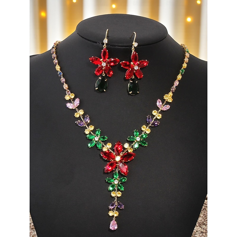 Women's Colorful Crystal Necklace and Earrings Set, Elegant Floral Statement Jewelry for Christmas Party & Cocktail Events2