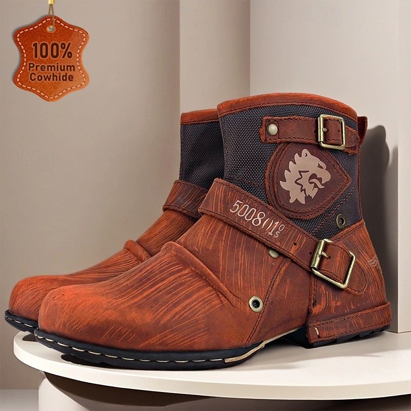 Men's Brown Genuine Leather Ankle Motorcycle Boots with Buckle Straps and Retro Design, Durable Biker Boots for Riding, Outdoor Adventures and Casual Wear