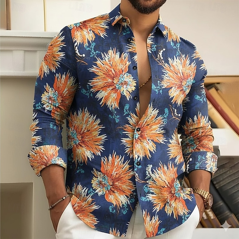 Men's Floral Print Flowers Shirt Button Up Shirt Long Sleeve Fashion Casual Holiday Casual Daily Spring Fall Turndown 3D Print Collared Shirts Yellow Orange Green