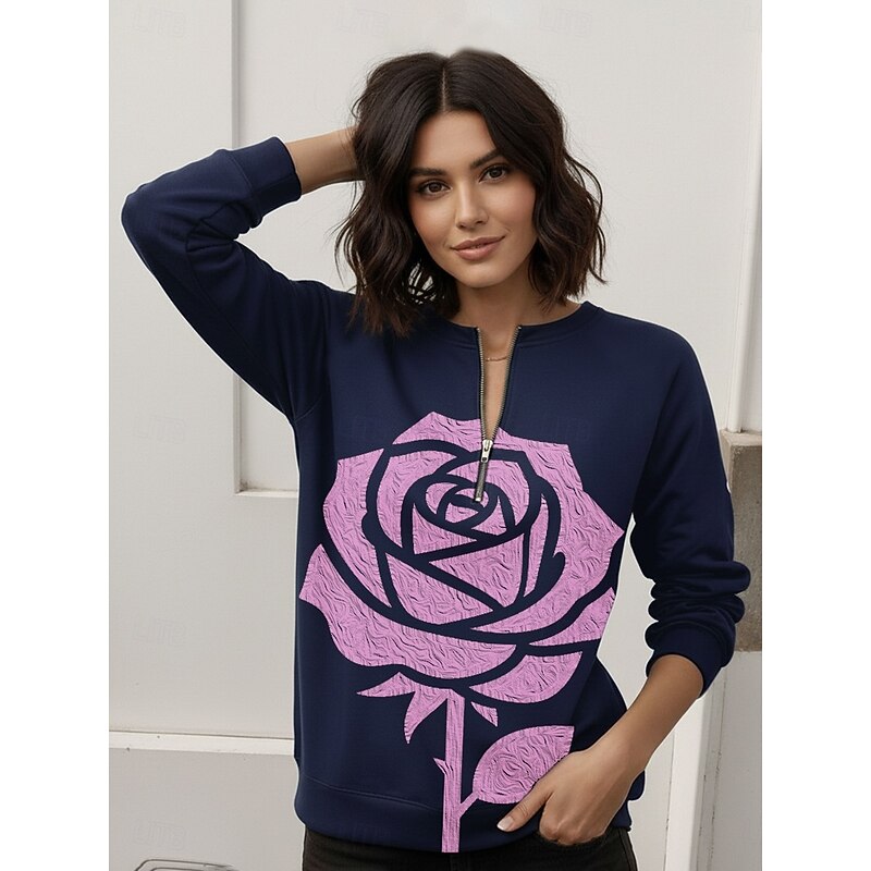 Women's Pullover Sweatshirt Zip Up Sweatshirts Rose Fashion Casual Long Sleeve Crew Neck Regular Tops Street Dailywear Casual Zipper Print Navy Blue Blue Army Green Spring Fall Winter4