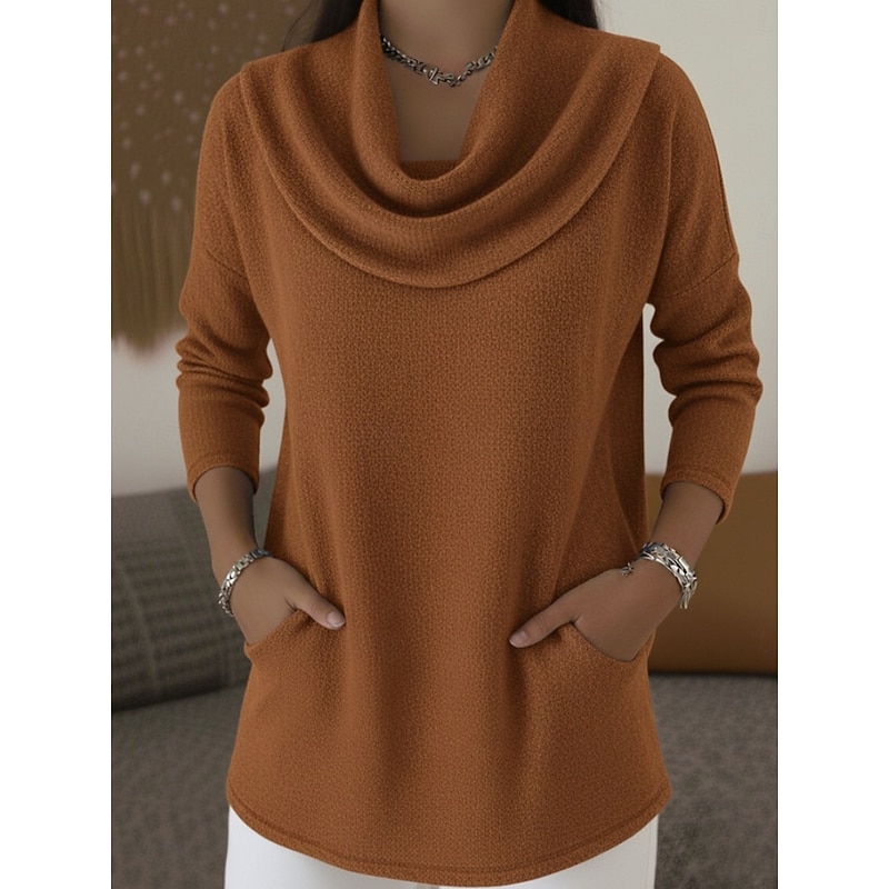 Women's Blouse Solid Color Stylish Casual Long Sleeve Cowl Neck Regular Tops Daily Ruched Pocket Red Blue Brown Spring Fall Winter4
