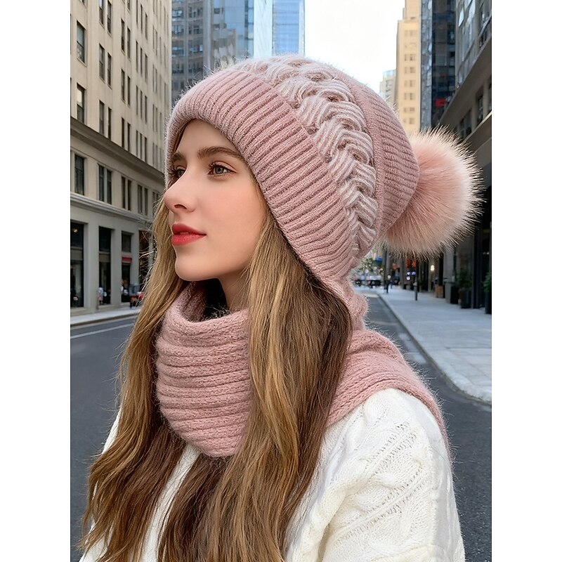 Women's Winter Knit Hat Scarf Set with Pom Pom, Fleece Lined 2-in-1 Beanie and Neck Warmer, Cozy Warm Outdoor Accessory for Cold Weather & Christmas Gifts