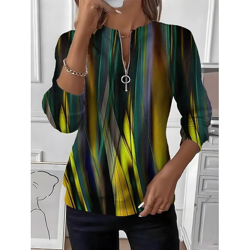 Women's Pullover Sweatshirt Zip Up Sweatshirts Graphic Geometric Color Block Fashion Casual Long Sleeve Crew Neck Round Neck Regular Tops Street Dailywear Zipper Print Yellow Green Spring Fall Winter2