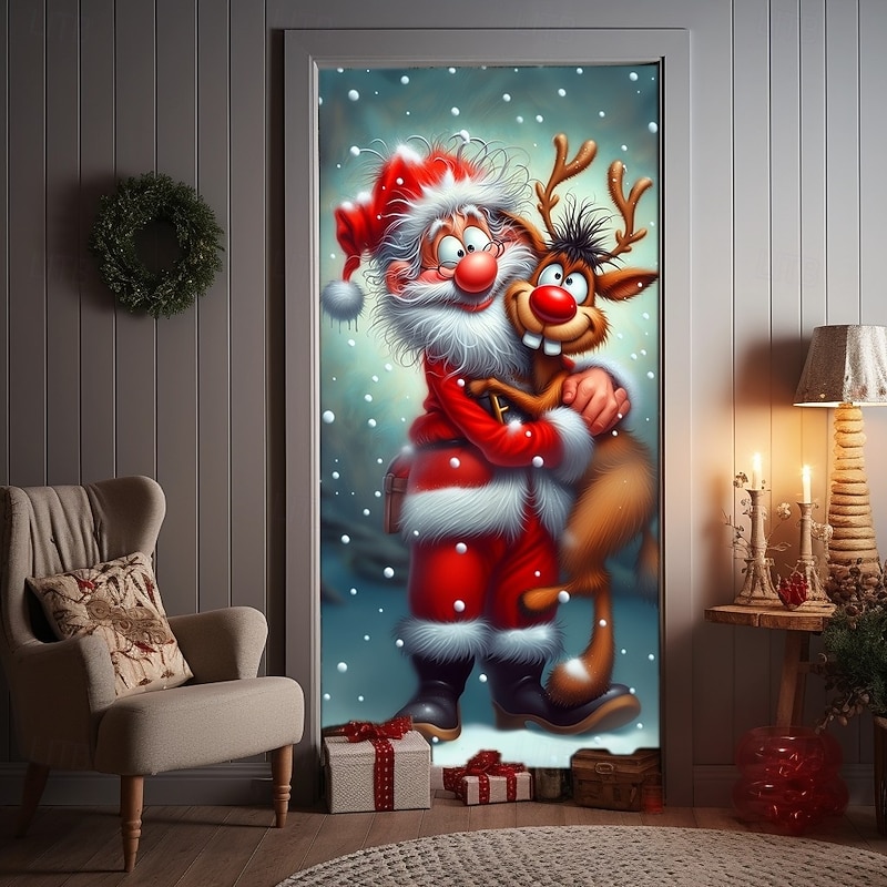 Christmas Door Cover Winter Holiday Decoration Drapes with Santa Claus Reindeer and Christmas Gift Boxes Print for Home Entryway Living Room Bedroom Indoor Outdoor Festive Seasonal Decor3