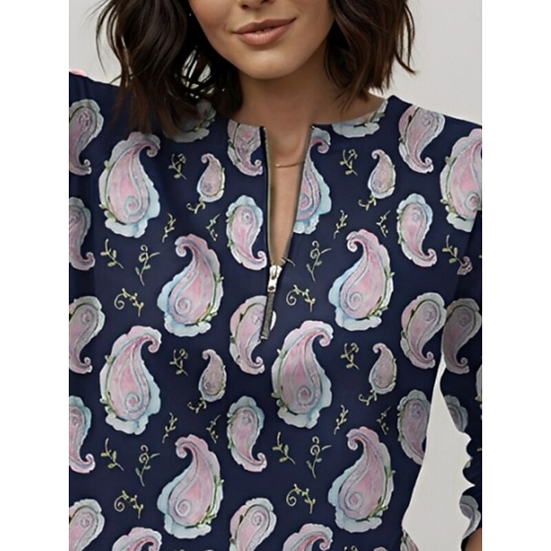 Women's Pullover Sweatshirt Zip Up Sweatshirts Paisley Vintage Casual Long Sleeve Crew Neck Regular Tops Street Dailywear Casual Zipper Print Navy Blue Spring Fall Winter2